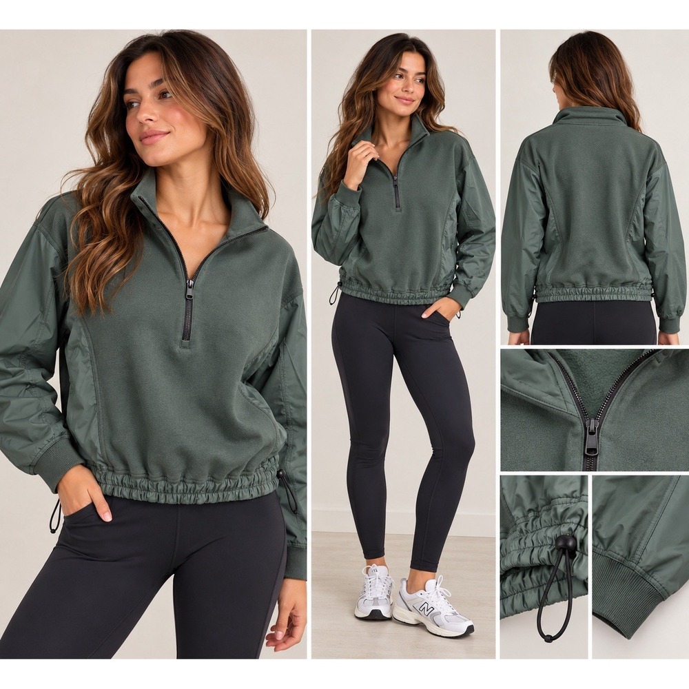 Athleta Triumph Hybrid Half Zip Sweatshirt Green Waist Cinch Women's Medium